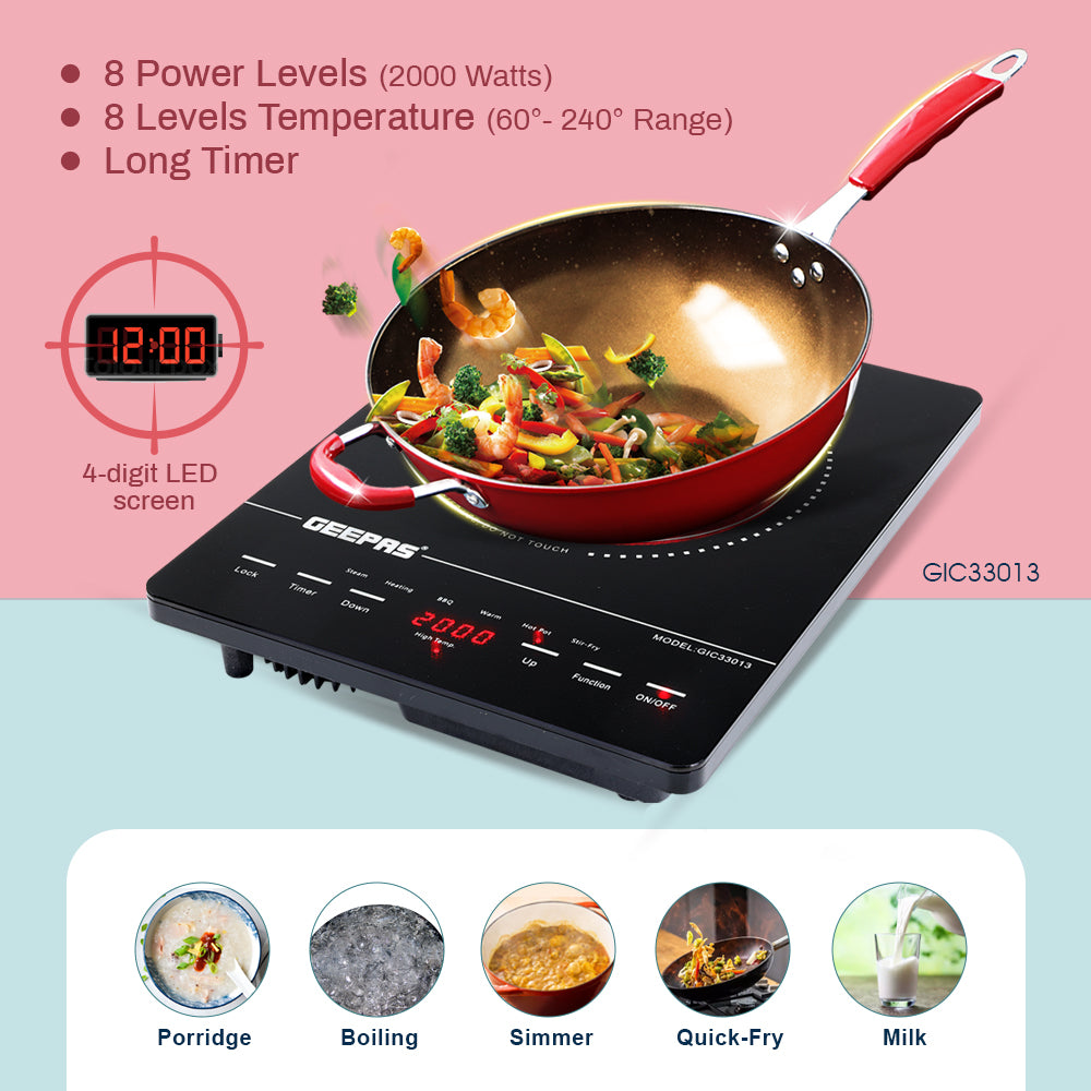 Geepas Digital Infrared Cooker GIC33013 – 2000W Ceramic Heating Element, 4-Digit LED Display, Touch Control, 8 Temperature Settings, 3-Hour Timer, Auto Shut-Off, Black
