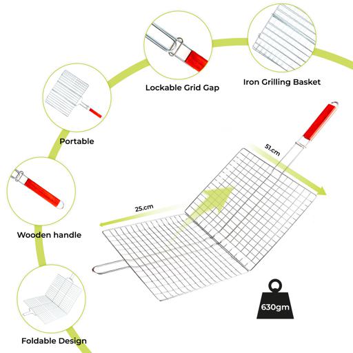 RF10383 Barbecue Grill Basket | Chromium Plated Iron BBQ Grill with Wooden Handle | Folding Portable Grill Rack for Fish, Meat, Vegetables & Seafood | Outdoor Camping & BBQ Tool