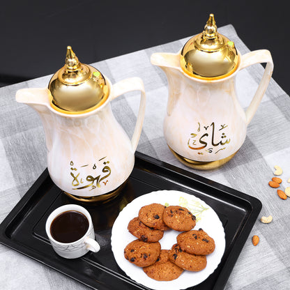 Portable Marble Tea & Cawa Set 2-Piece | 1L + 1L Insulated Vacuum Flask Set | Leak-Resistant | Yellow Marble
