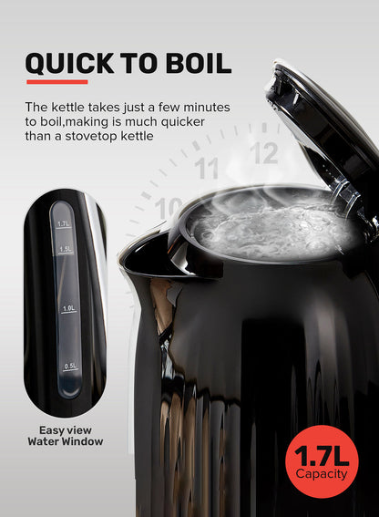 1.7 L Fluted Jug Kettle 360-Degrees Rotation, Boil Dry Protection and Automatic Cut-Off/ Perfect for Boiling Water, Milk, Tea/ Removable and Washable Filter