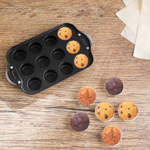 12-Cup Carbon Steel Muffin Pan RF10091 – Non-Stick Baking Tray with Loose Base | Oven Safe up to 220°C