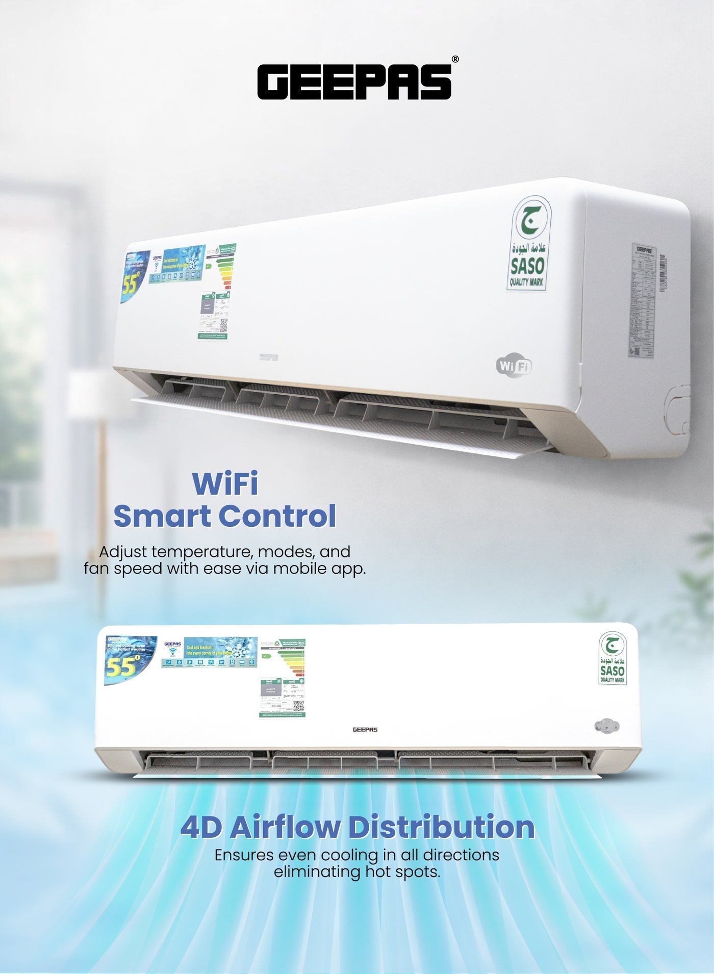 2.0 Ton Inverter Split Air Conditioner (24,000 BTU) – Smart Wi-Fi, 4D Airflow, Self-Cleaning, Auto-Diagnosis with 10-Year Compressor Warranty GACS2426KRBA White