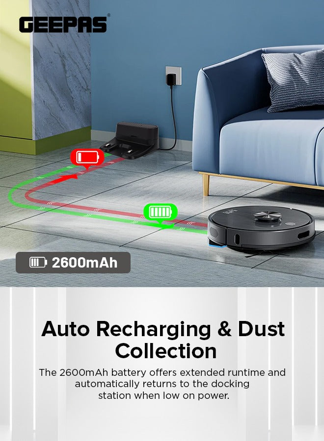 2 In 1 Wet & Dry Robot Vacuum Cleaner | LDS Navigation, TUYA App Control | 4 Cleaning Modes 2600 mAh Battery & Auto Recharge | 4 Anti Drop Sensors, Remote Control, Brushless Motor | GRVC19058 19 W Black