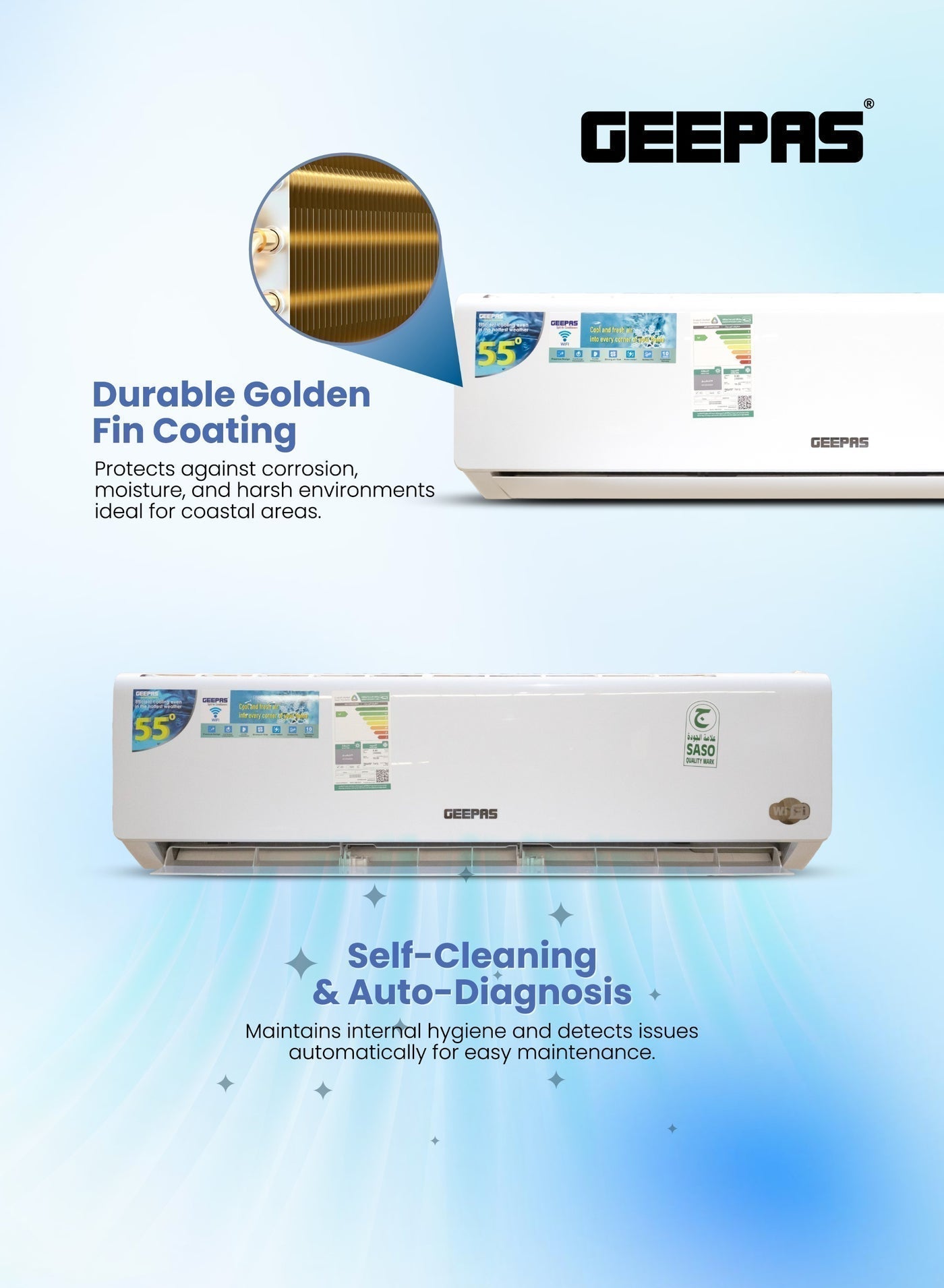 2.5 Ton Split AC (30,000 BTU) – Inverter with Wi-Fi, 4D Airflow, Smart Self-Clean & Auto Diagnosis – 10-Year Compressor Warranty GACS3026KRBA white
