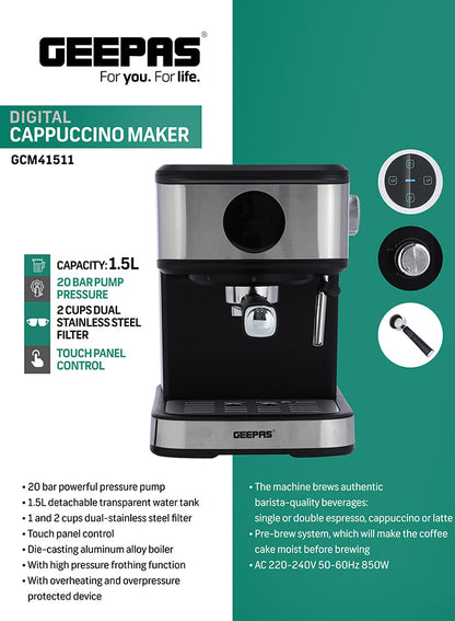Digital Cappuccino & Espresso Maker - 1.5L, 20 Bar High Pressure | Dual Filter & Detachable Tank | Sleek Space-Saving Design with Overheat Protection & 2-Year Warranty 1.5 L 850 W GCM41511 Black