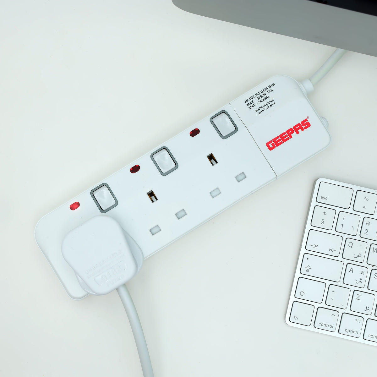 Portable Multi Socket, Extension Board, GES4083 | 3meter Cable Power Extension Socket | Multi Plug Power Cable | High Quality, Heavy Duty Power Switch White 3meter
