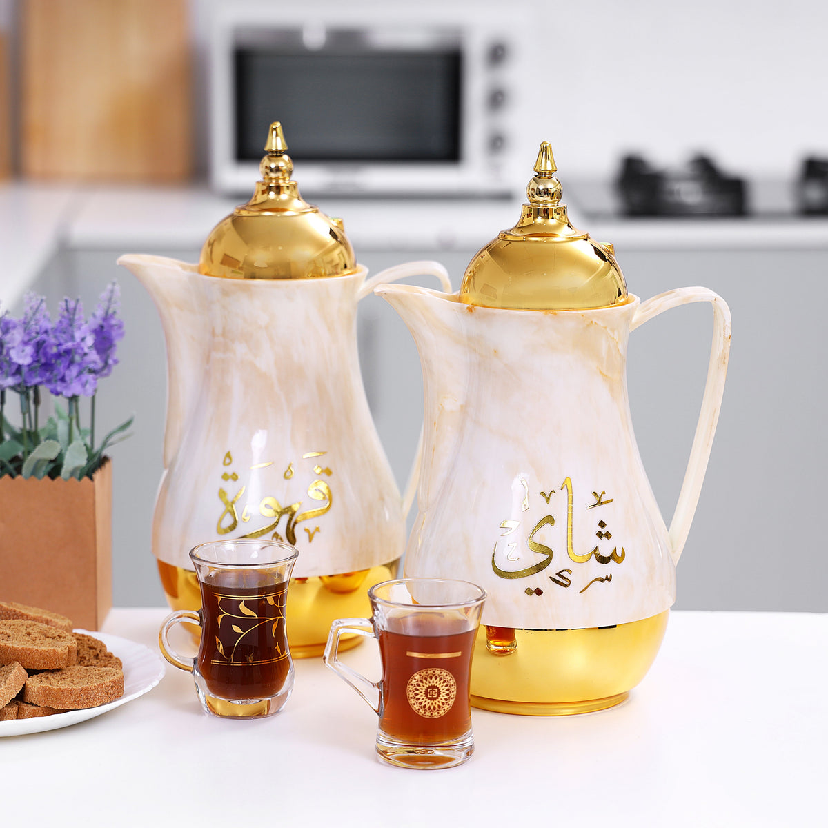 Portable Marble Tea & Cawa Set 2-Piece | 1L + 1L Insulated Vacuum Flask Set | Leak-Resistant | Yellow Marble