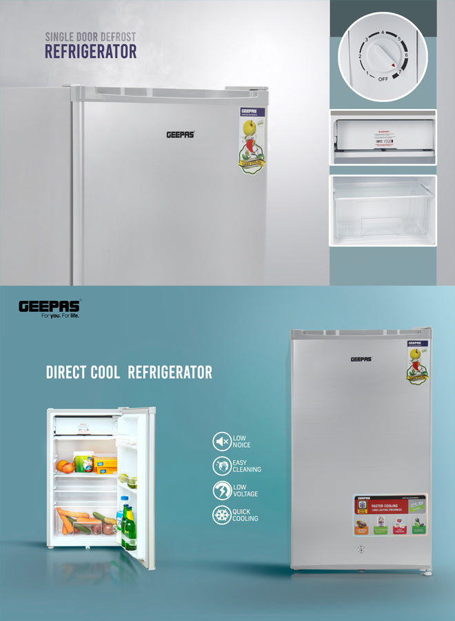 92 Ltr Single Door Mini Fridge | Direct Cool Defrost Refrigerator with Quick Cooling & Temperature Control | Tempered Glass Shelves, Transparent Door Basket for Extra Space & Long-Lasting Freshness | Silver Finish 92 L GRF110SPEM Grey