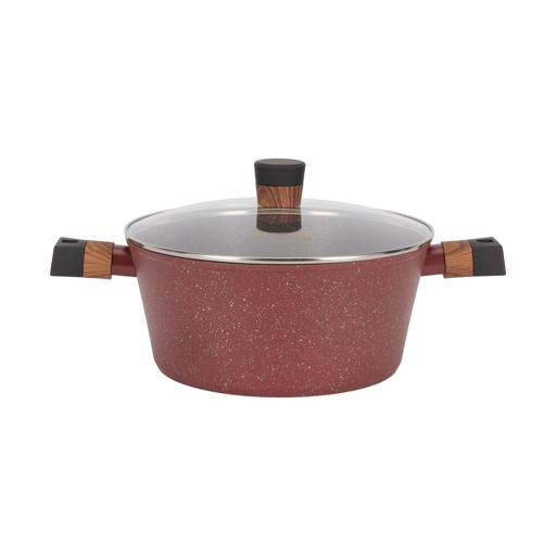10-piece Chef Choice Non-Stick Cookware Set- RF12491/ Forged Aluminum Body, Granite Coated with 2.5 mm Thickness, Induction Base, Wooden-Finish Bakelite Handles and Glass Lid/ Includes Casserole, Fry Pan, Saucepan, 3 Nylon Tool/ Maroon Pink Maroon