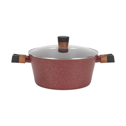 10-piece Chef Choice Non-Stick Cookware Set- RF12491/ Forged Aluminum Body, Granite Coated with 2.5 mm Thickness, Induction Base, Wooden-Finish Bakelite Handles and Glass Lid/ Includes Casserole, Fry Pan, Saucepan, 3 Nylon Tool/ Maroon Pink Maroon