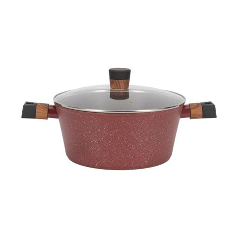 10-piece Chef Choice Non-Stick Cookware Set- RF12491/ Forged Aluminum Body, Granite Coated with 2.5 mm Thickness, Induction Base, Wooden-Finish Bakelite Handles and Glass Lid/ Includes Casserole, Fry Pan, Saucepan, 3 Nylon Tool/ Maroon Pink Maroon