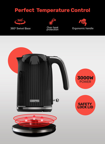 1.7 L Fluted Jug Kettle 360-Degrees Rotation, Boil Dry Protection and Automatic Cut-Off/ Perfect for Boiling Water, Milk, Tea/ Removable and Washable Filter