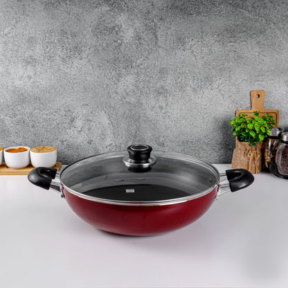 Wok Pan With Glass Lid Pfoa Free Lead Free 3 Layer Non-Stick Coating Cd Bottom Heat-Resistant Exterior Strong Bakelite Handle Premium Quality Aluminium Multi Color 30X8.5Cm Multi Color