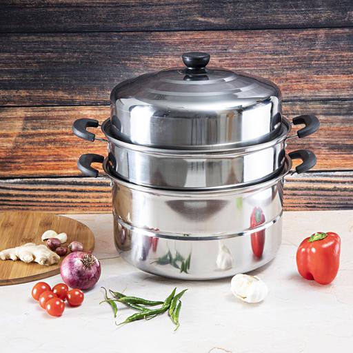 3 Layer Stainless Steel Steamer Pot 9L – 30cm Multi-Tier Cooking Pot, Induction & Gas Compatible, Dishwasher Safe, Heat Resistant with Durable & Comfortable Handles Silver 30cm