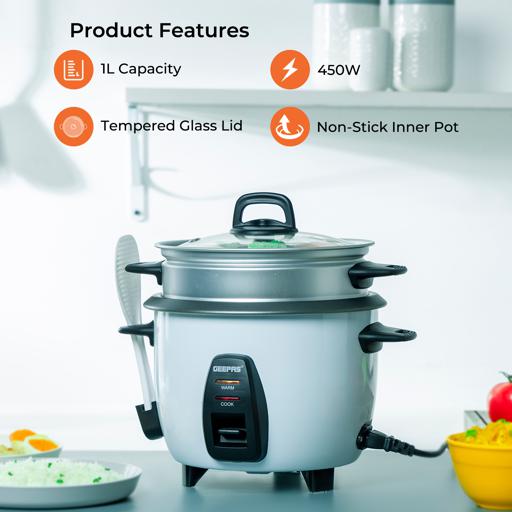 Automatic Rice Cooker – 1.0L Capacity, 3-in-1 Cook/Steam/Keep Warm, Non-Stick Inner Pot, 450W, Tempered Glass Lid, Single Switch Operation, White, 2-Year Warranty