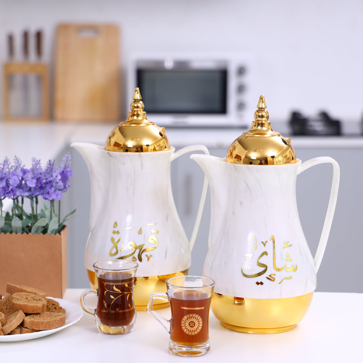 Double Wall Marble Tea & Cawa Set 2-Piece | 1L + 1L Insulated Vacuum Flask Set | Black & Gold / White & Gold