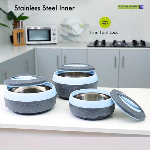 RF9731 3 Pcs Cosmos Insulated Casserole Set | 1.5L, 2.5L & 3.5L Hot Pot with Stainless Steel Inner Casing | Thermal Food Warmer Serving Containers | Keeps Food Hot & Fresh