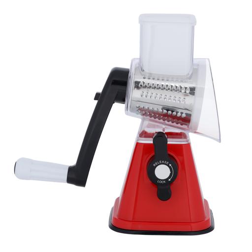 Rotary Grater with 3 Interchangeable Stainless Steel Blades | Manual Vegetable Slicer & Cheese Grater | Suction Base | Dishwasher Safe | Red & Black