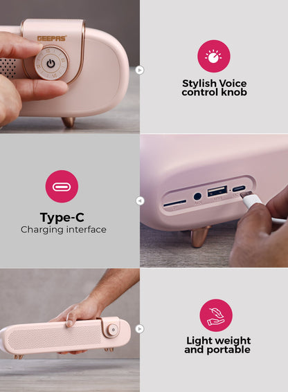 Portable Stylish Bluetooth Speaker | 6 Hours Playtime, Stereo Surround Sound, TF/USB/AUX Support | Type-C Charging, Compact Design GMS11198 | Pink pink