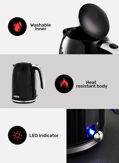 1.7 L Fluted Jug Kettle 360-Degrees Rotation, Boil Dry Protection and Automatic Cut-Off/ Perfect for Boiling Water, Milk, Tea/ Removable and Washable Filter