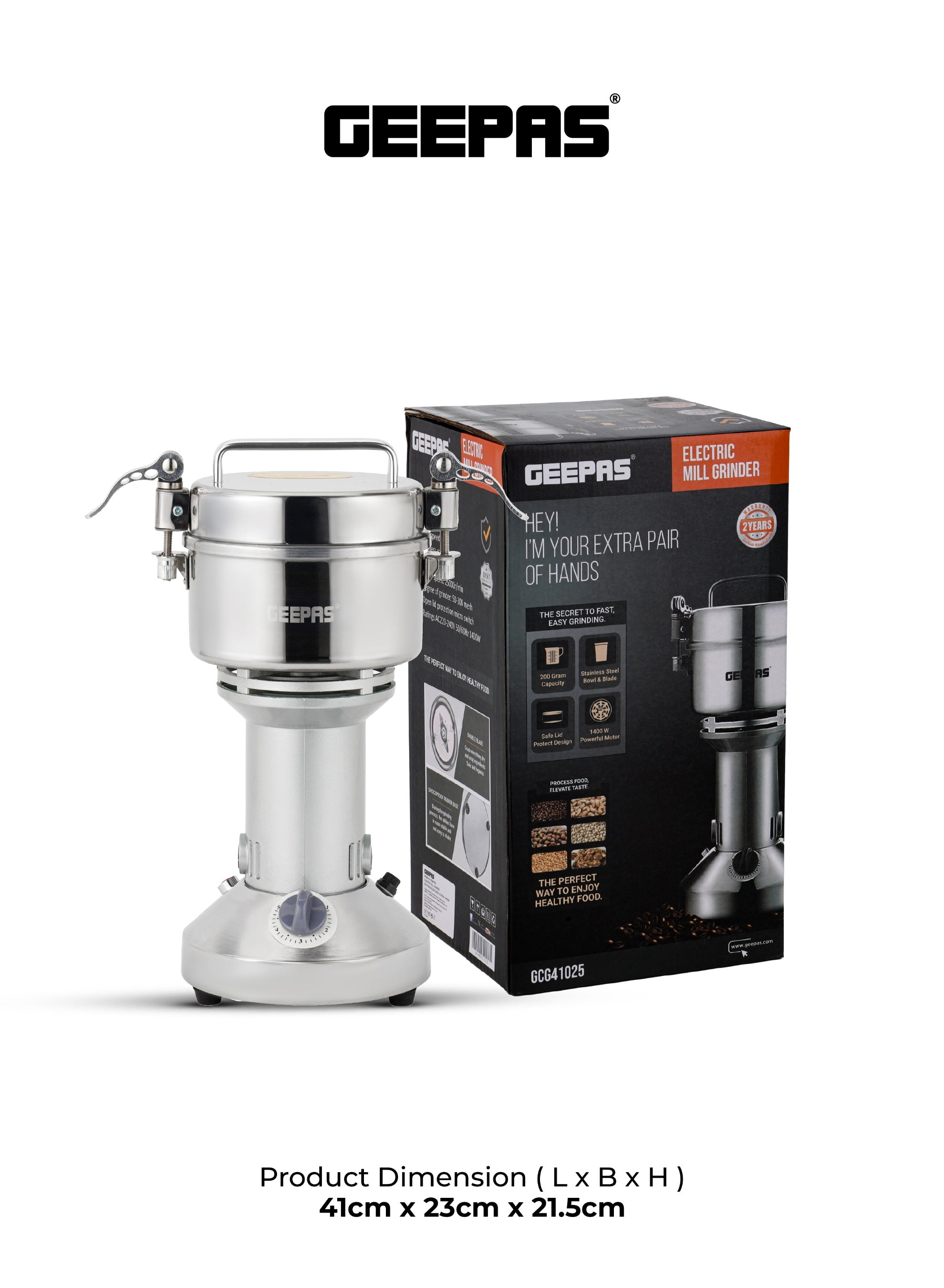 Geepas 1400W Electric Coffee & Spice Grinder - Stainless Steel Bowl & Blade, 200g Capacity, Heavy Duty Multi-Purpose Mill for Seeds, Nuts & Grains - Silver GCG41025 Silver