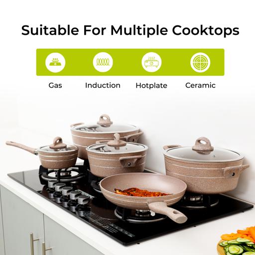 9-Piece Smart Non-Stick Cookware Set RF9555BGE – 5-Layer Granite Coating, High-Quality Forged Aluminium Construction, Scratch Resistant, Tempered Glass Lids, Bakelite Handles, 3.8mm Thick Induction Base – Compatible with All Hob Types Beige