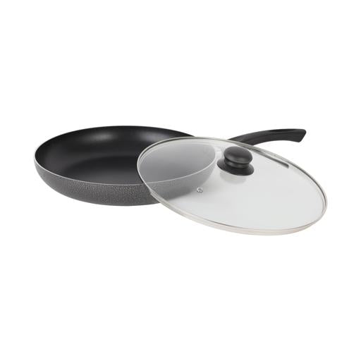 Royalford 28 CM Aluminum Fry Pan With Tempered Glass Lid Red color, Strong Aluminum Body With Non-Stick Coating And Bakelite Handle| Compatible With Hot Plate, Halogen, Ceramic And Gas Stovetops Black