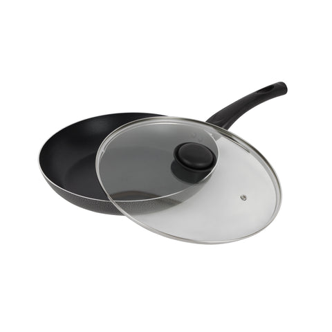 28CM Aluminium Non-Stick Fry Pan with Glass Lid – Deep Saute Pan for Gas Hob Cooking, Durable Granite Coating, Ergonomic Cool-Touch Handle, Ideal for Frying, Sautéing & Stir-Frying – Black Black 28 cmcm
