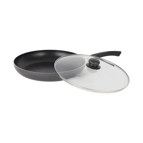 Royalford 20 CM Aluminum Fry Pan With Tempered Glass Lid, Black color Strong Aluminum Body With Non-Stick Coating And Bakelite Handle ,Compatible With Hot Plate, Halogen, Ceramic And Gas Stovetops Assorted
