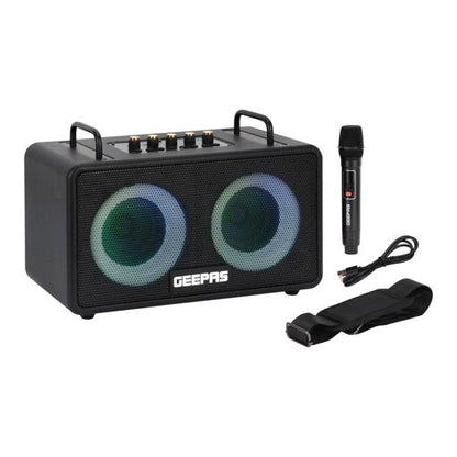 Geepas Bluetooth Speaker with UHF Microphone- GMS11203/ 5-6 Hours Playtime, TF, USB, AUX, TWS, Micro SD Cards, MIC/ Rechargeable Battery, Enhanced Quality, Simple Sound Control/ RGB Light Effects, Perfect for Parties, Picnics, Entertainment
