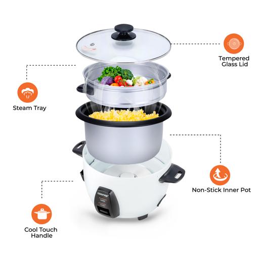 Automatic Rice Cooker – 1.0L Capacity, 3-in-1 Cook/Steam/Keep Warm, Non-Stick Inner Pot, 450W, Tempered Glass Lid, Single Switch Operation, White, 2-Year Warranty