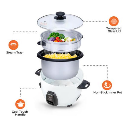 Automatic Rice Cooker – 1.0L Capacity, 3-in-1 Cook/Steam/Keep Warm, Non-Stick Inner Pot, 450W, Tempered Glass Lid, Single Switch Operation, White, 2-Year Warranty