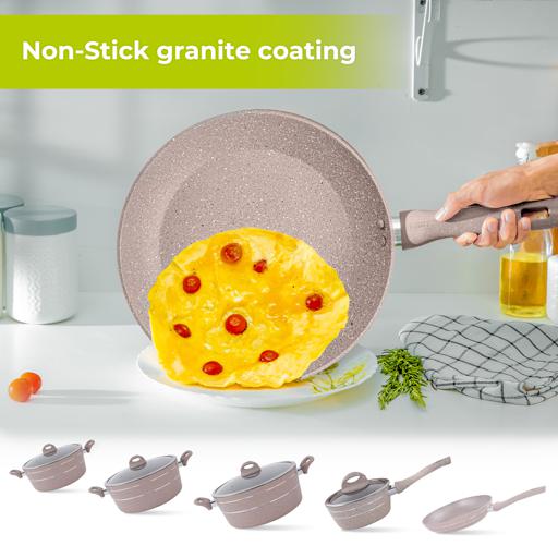 9-Piece Smart Non-Stick Cookware Set RF9555BGE – 5-Layer Granite Coating, High-Quality Forged Aluminium Construction, Scratch Resistant, Tempered Glass Lids, Bakelite Handles, 3.8mm Thick Induction Base – Compatible with All Hob Types Beige