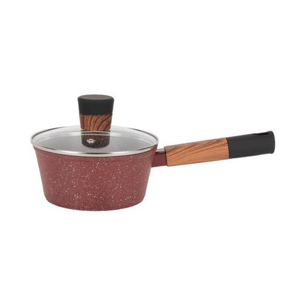 10-piece Chef Choice Non-Stick Cookware Set- RF12491/ Forged Aluminum Body, Granite Coated with 2.5 mm Thickness, Induction Base, Wooden-Finish Bakelite Handles and Glass Lid/ Includes Casserole, Fry Pan, Saucepan, 3 Nylon Tool/ Maroon Pink Maroon