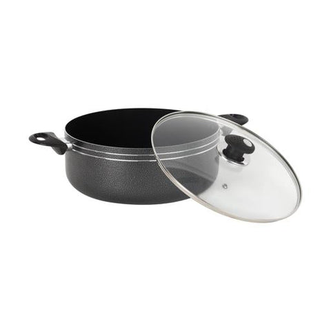 Royalford Press Aluminium 30cm Casserole With 2.5mm Body Thickness, Heat Resistant Exterior, Strong Bakelite Handles, Tempered Glass Lid With Steel Frame, PTFE & PFOA Free, Non- Stick Coated Silver