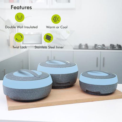 RF9731 3 Pcs Cosmos Insulated Casserole Set | 1.5L, 2.5L & 3.5L Hot Pot with Stainless Steel Inner Casing | Thermal Food Warmer Serving Containers | Keeps Food Hot & Fresh