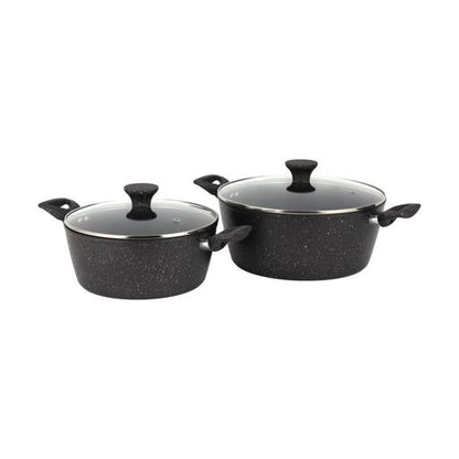 Royalford Prido 8-piece Forged Aluminum Cookware Set- RF12771/ Durable Nonstick Ceramic Coating with 4-Layer Construction, Tempered Glass Lid/ Includes Casseroles, Wokpan, Saucepan, Fry Pan, Pizza Pan, PFOA and PTFE Free/ Black