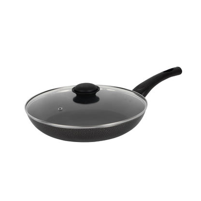 28CM Aluminium Non-Stick Fry Pan with Glass Lid – Deep Saute Pan for Gas Hob Cooking, Durable Granite Coating, Ergonomic Cool-Touch Handle, Ideal for Frying, Sautéing & Stir-Frying – Black Black 28 cmcm