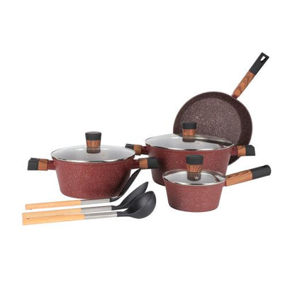 10-piece Chef Choice Non-Stick Cookware Set- RF12491/ Forged Aluminum Body, Granite Coated with 2.5 mm Thickness, Induction Base, Wooden-Finish Bakelite Handles and Glass Lid/ Includes Casserole, Fry Pan, Saucepan, 3 Nylon Tool/ Maroon Pink Maroon