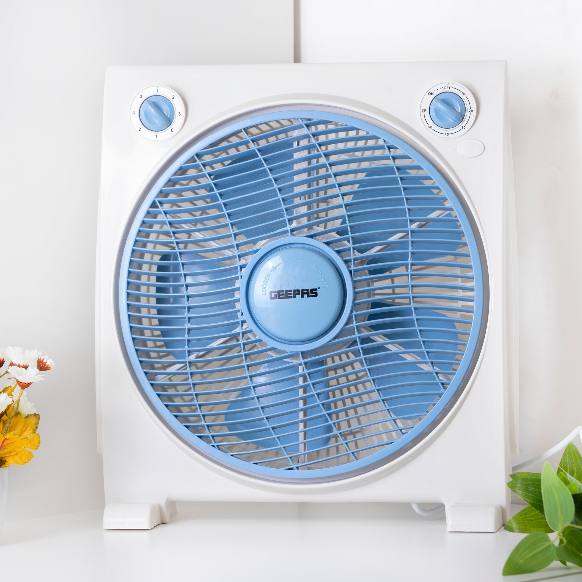 12 Inch Powerful Personal 3 Speed Box Fan with Copper Motor, Portable Desk Fan With  Fan Guard, Table Fan for Office and Home, 60 Minutes Timer GF21113N Blue, White
