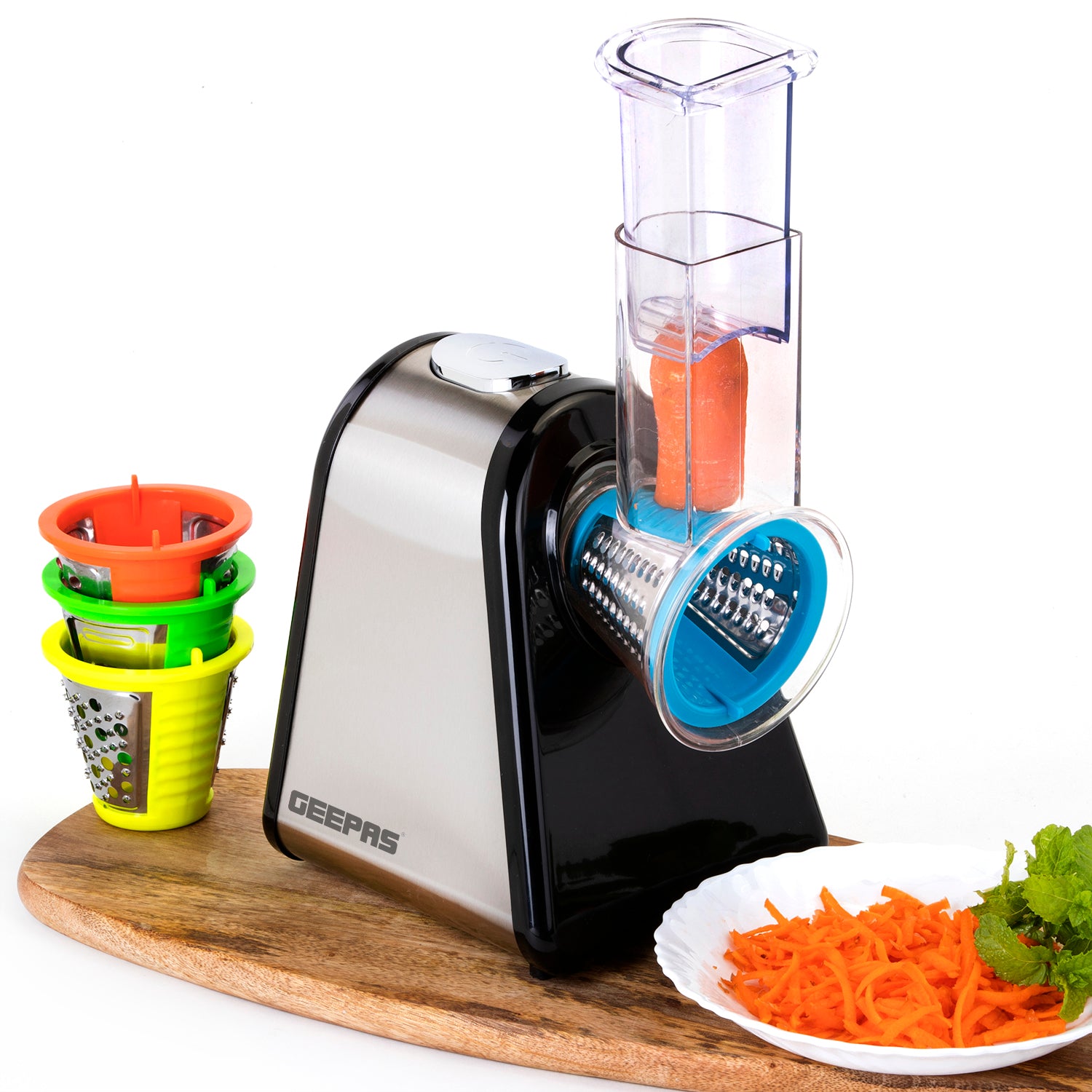 4-In-1 Electric Salad Maker,Stainless Steel, Multi Functional, Powerful Moter With Compact Design, Easy Usage & Easy Cleaning, One Button Operation, With A Wide Feeding Tube. 200 W GSM63022UK Silver/Black