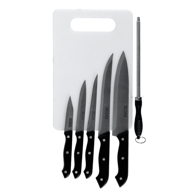 7-Piece Kitchen Knife With Plastic Cutting Board Set Black/Silver/White