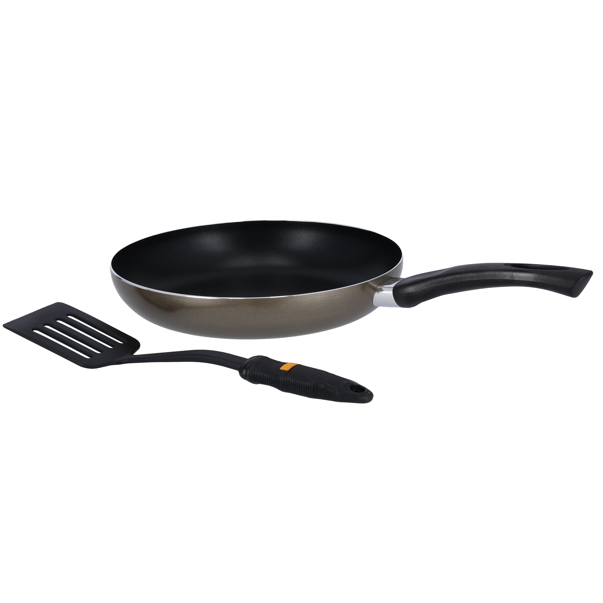 26cm Aluminum Non-Stick Fry Pan with Nylon Slotted Turner – Durable Frypan and Turner Set Brown/Black 26cm