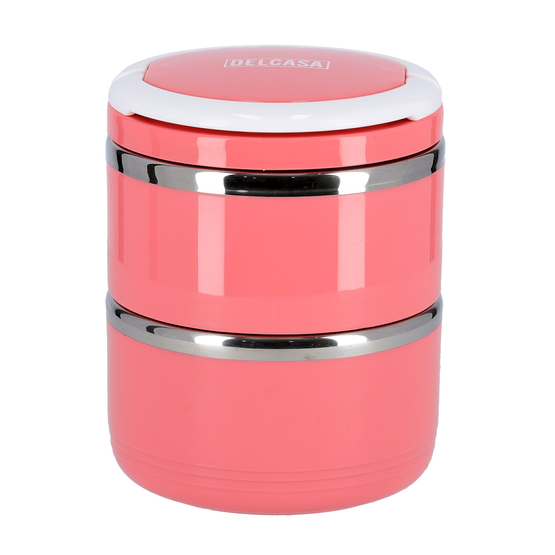 2-Layer Lunch Box 1100ml, Stainless Steel Inner, BPA-Free Detachable Outer Case | Leak-Proof Stackable Container with Foldable Handle | Ideal for Men, Women & Children Pink/White/Silver 1.1Liters