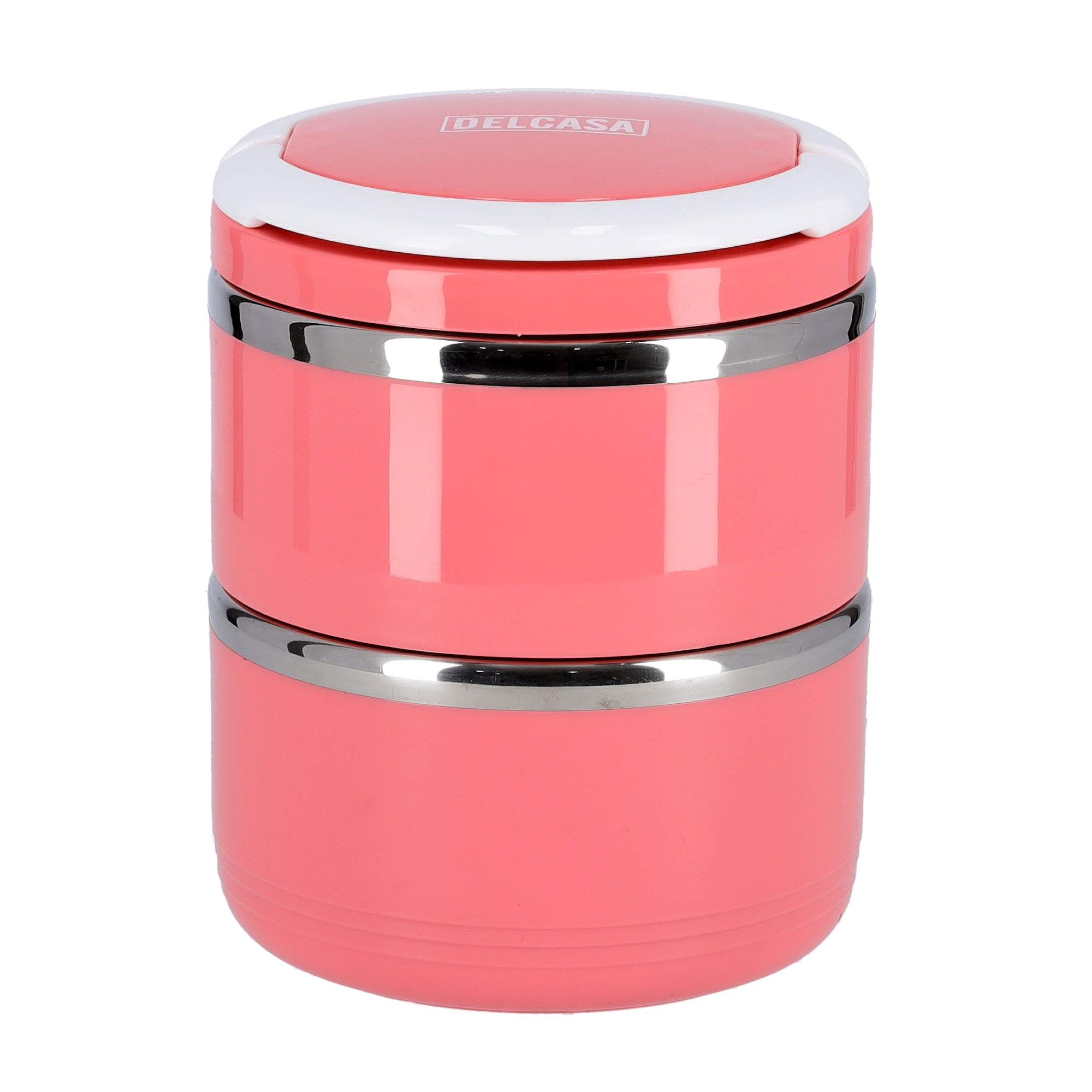 2-Layer Lunch Box 1100ml, Stainless Steel Inner, BPA-Free Detachable Outer Case | Leak-Proof Stackable Container with Foldable Handle | Ideal for Men, Women & Children Pink/White/Silver 1.1Liters