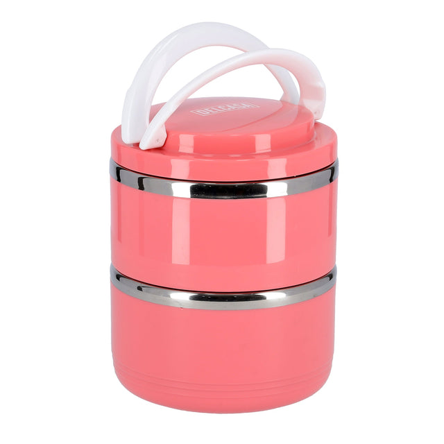 2-Layer Lunch Box 1100ml, Stainless Steel Inner, BPA-Free Detachable Outer Case | Leak-Proof Stackable Container with Foldable Handle | Ideal for Men, Women & Children Pink/White/Silver 1.1Liters