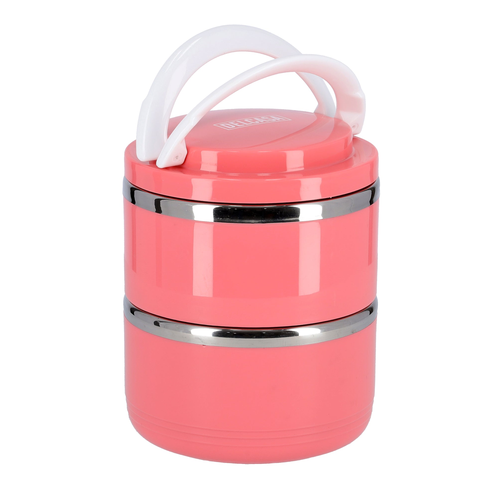 2-Layer Lunch Box 1100ml, Stainless Steel Inner, BPA-Free Detachable Outer Case | Leak-Proof Stackable Container with Foldable Handle | Ideal for Men, Women & Children Pink/White/Silver 1.1Liters
