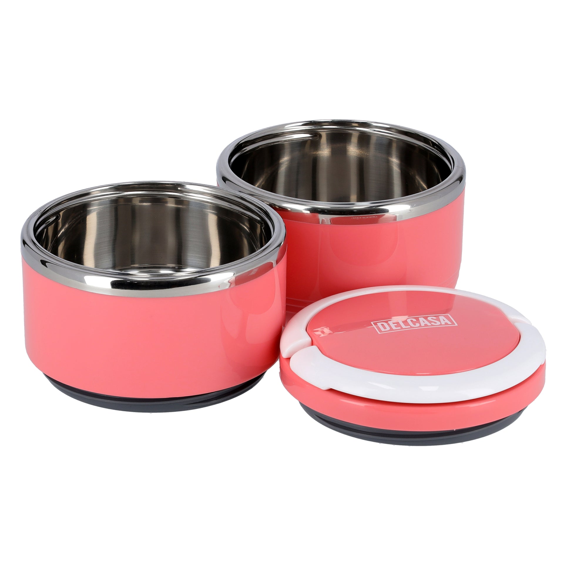 2-Layer Lunch Box 1100ml, Stainless Steel Inner, BPA-Free Detachable Outer Case | Leak-Proof Stackable Container with Foldable Handle | Ideal for Men, Women & Children Pink/White/Silver 1.1Liters