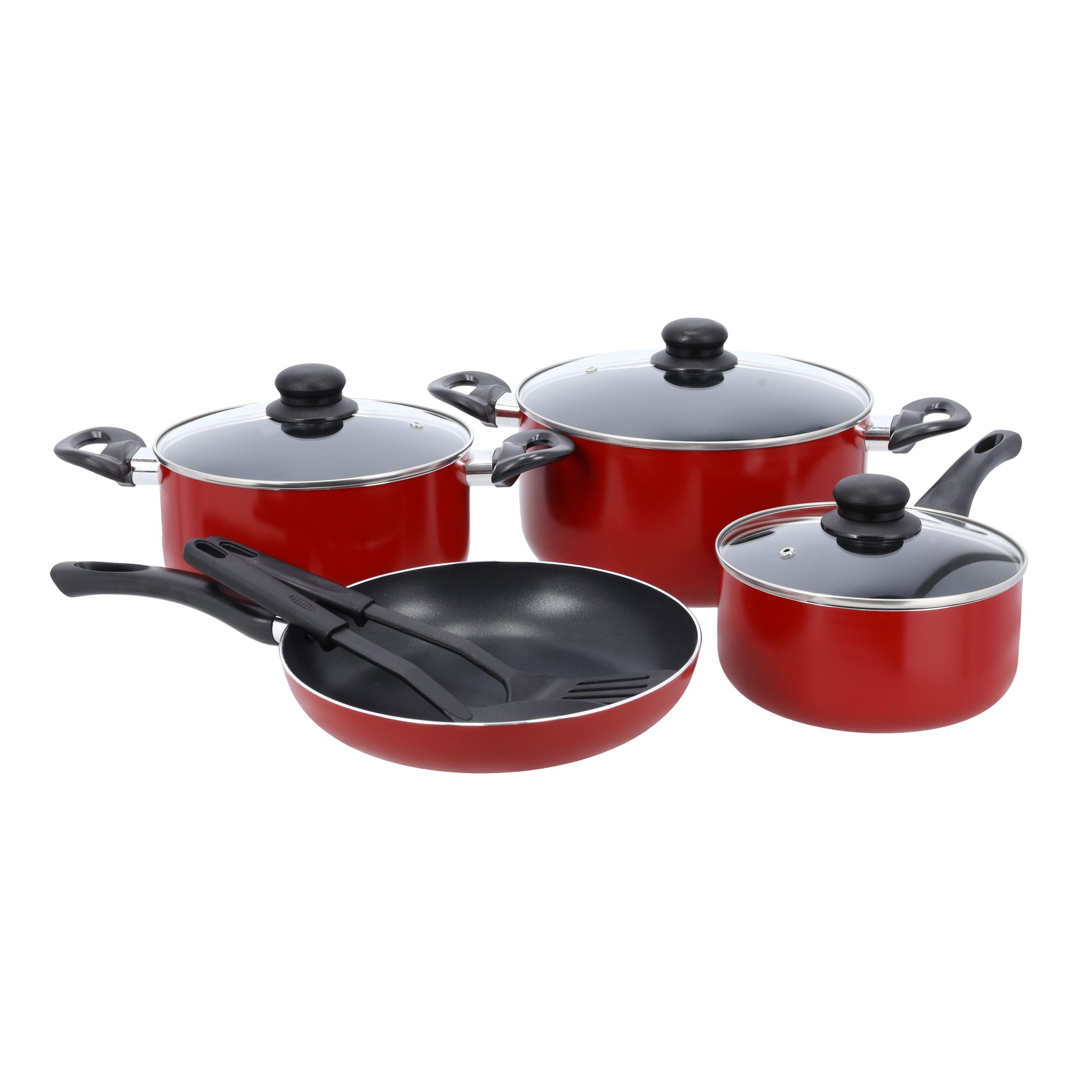 Royal Ford 9pcs Aluminum Non-Stick Cookware Set, | 3 Layer Durable Construction | Tempered Glass Lid with Steel Frame | CD Bottom | Bakelite Handle | 2pcs Nylon Tool , Red color Red