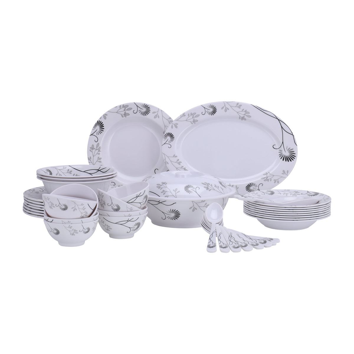 Delcasa 40 Piece Melamineware Dinner Set | Includes Oval Plate, Deep Plates, Round Bowls, Soup Plates, Bowls, Rice Spoons and Table Spoons| Dishwasher-Safe and Freezer-Friendly| Eco-Friendly and Food-Grade| Black Floral BLACK FLORAL